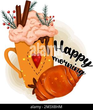 Cartolina di buon mattino. Una tazza di cappuccino. Bevanda calda invernale. Illustrazione vettoriale del cacao. Buongiorno Illustrazione Vettoriale