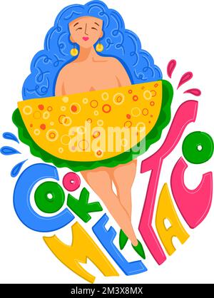 Taco. Cucina messicana. Illustrazione di una ragazza e di un taco. Stampa moderna per la stampa su magliette e cartoline Illustrazione Vettoriale