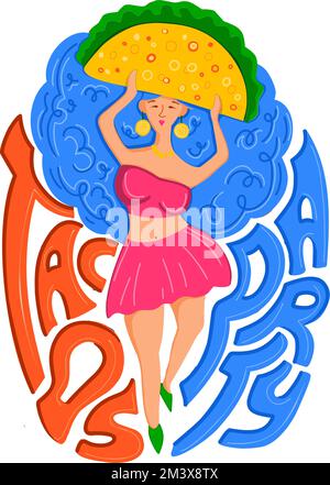 Taco. Cucina messicana. Illustrazione di una ragazza e di un taco. Stampa moderna per la stampa su magliette e cartoline Illustrazione Vettoriale