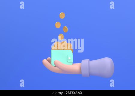 3D. Pioggia di soldi, mani che tengono un portafoglio con le monete Foto Stock