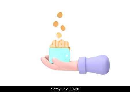 3D. Pioggia di soldi, mani che tengono un portafoglio con le monete Foto Stock