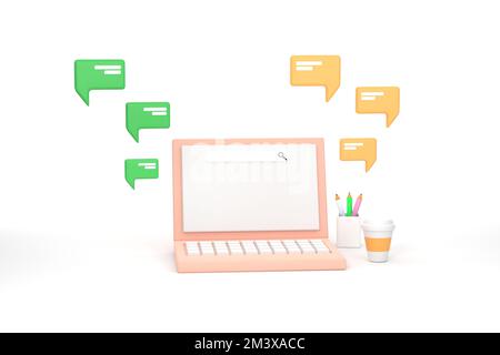 3D. Laptop con messaggi brevi. Chattare con gli amici e inviare messaggi. Foto Stock