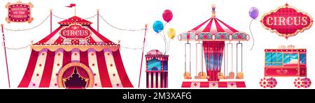 Tenda da circo, giostra, biglietteria e carrello popcorn. Luna Park, parco divertimenti con attrazioni, ciottoli e kioski isolati su bianco b Illustrazione Vettoriale