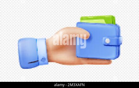 Mano con portafoglio con banconote di carta, denaro contante. Pagamento, finanza, risparmio, concetto di bilancio con portamonete con le fatture del dollaro piegate isolate sopra Illustrazione Vettoriale