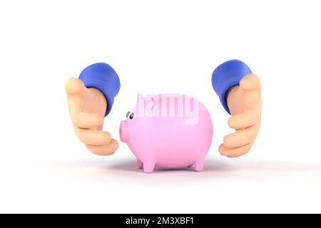 3D. mani gara tenendo rosa piggy banca, risparmio e investire per la crescita futura. Foto Stock