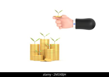 3D. albero che cresce da mucchio di monete. Concetto di pianta di soldi che cresce dalle monete in mano 3D. albero che cresce da mucchio di monete. Concetto di impianto di denaro gro Foto Stock