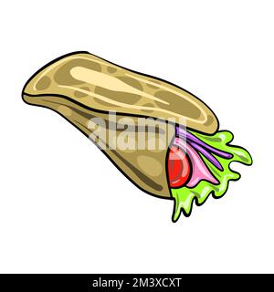 Illustrazione vettoriale tortilla tamale messicana con prosciutto in stile cartoon carino. Tradizionale piatto messicano. Illustrazione Vettoriale
