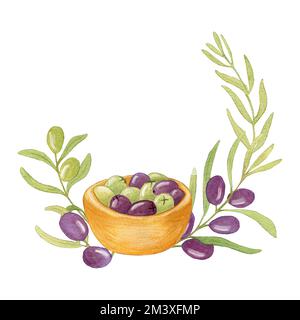 Olive. Olive verdi e Viola in una ciotola di legno e Branhc Olive. Illustrazione isolata su sfondo bianco. Disegno a mano Foto Stock