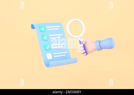 3D. Carta di controllo per tenere la mano e la lente d'ingrandimento per tenere la mano. carta con segni di spunta, icone di spunta. Foto Stock