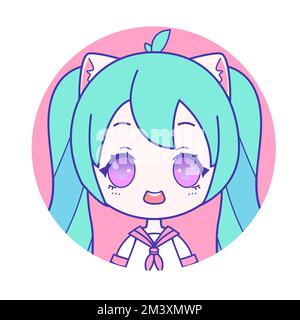 Chibi ritratto di bella otaku ragazza con le due code verdi e orecchie di gatto indossando marinaio fuku Illustrazione Vettoriale