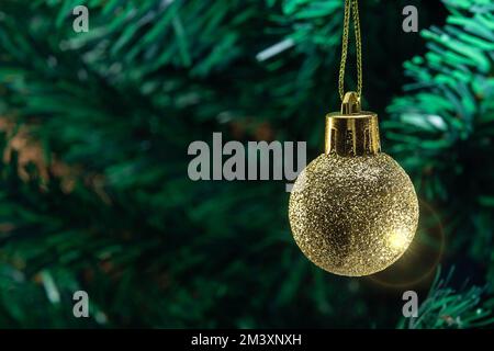 Goiânia, Goias, Brasile – 17 dicembre 2022: Una palla d'oro, appesa al ramo con dettagli dell'albero di Natale sullo sfondo. Foto Stock