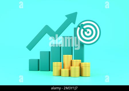 3D. Freccia verde crescente, grafico a barre di profitto e scudo con più disposizioni di monete. Foto Stock