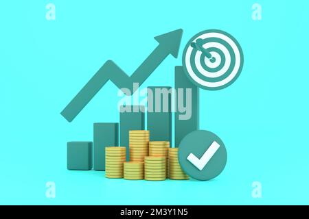 3D. Freccia verde crescente, grafico a barre di profitto e scudo con più disposizioni di monete. Foto Stock