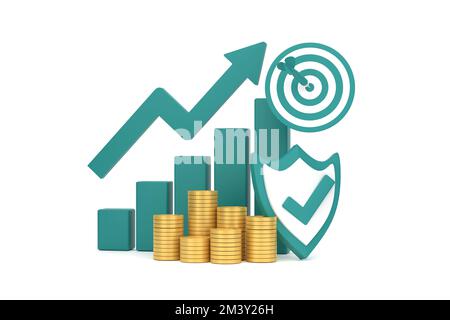 3D. Freccia verde crescente, grafico a barre di profitto e scudo con più disposizioni di monete. Foto Stock