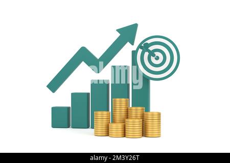 3D. Freccia verde crescente, grafico a barre di profitto e scudo con più disposizioni di monete. Foto Stock