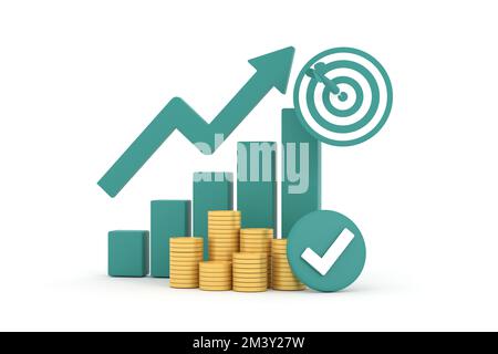 3D. Freccia verde crescente, grafico a barre di profitto e scudo con più disposizioni di monete. Foto Stock