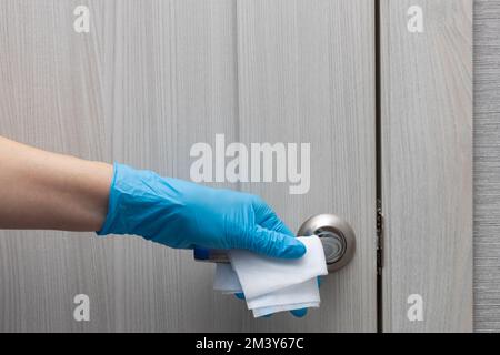 uomo che disinfetta l'interno della casa. servizio di pulizia. Foto Stock