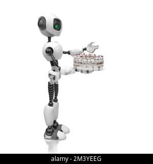 Un cameriere robot umanoide o uno chef robot tiene una torta nelle sue mani. Concetto futuro con robotica intelligente e intelligenza artificiale. 3D rendering su un bianco Foto Stock