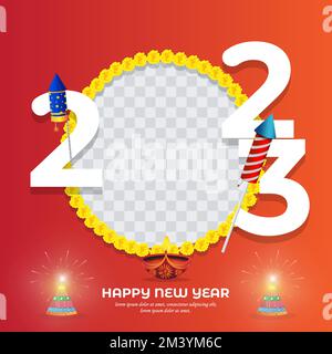 2023 Celebrazione di Capodanno su sfondo rosso. Decorazione ghirlanda di fiori gialli in grande cerchio con cracker vaso fiore e lampada ad olio e razzo fuochi d'artificio Illustrazione Vettoriale