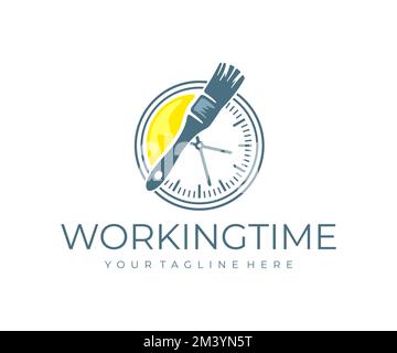 Lattina con vernice e pennello, orologio con frecce, lavoro e tempo di lavoro, logo design. Costruzione, pittore, artista, costruzione, appaltatore, riparazione Illustrazione Vettoriale