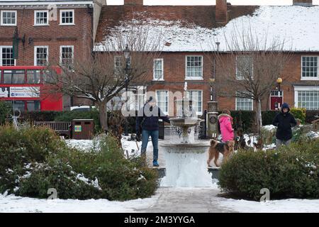 Old Amersham, Buckinghamshire, Regno Unito. 17th dicembre 2022. Ciclicoli sulla cascata negli Old Amersham Memorial Gardens. Questa sera è in atto un avvertimento di tempo giallo per il ghiaccio, ma le temperature sono dovute a un aumento sostanzialmente domani seguito da forti piogge. Credit: Maureen McLean/Alamy Live News Foto Stock