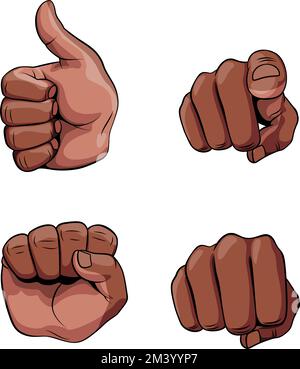 Set di mani umane realistiche discesa Africana che mostra gesti e segnali diversi. Cartelli per Web, poster o infografica su sfondo bianco. Illustrazione Vettoriale