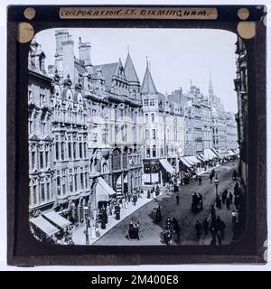 Corporation Street, Birmingham. Creduto essere c. 1890s. Copia di archivio digitalizzate di una diapositiva originale in vetro della Lanterna Magica. Foto Stock