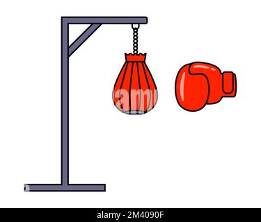 pugilato in pera rossa sospesa e guanto in pelle per combattere. illustrazione del vettore piatto Illustrazione Vettoriale