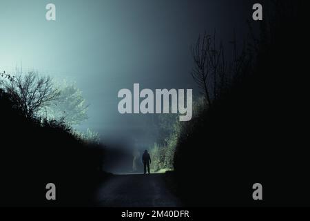 Una misteriosa figura con cappuccio spaventosa. In piedi al centro della strada. In una notte di inverni spaventosi e nebbia in campagna.. Foto Stock