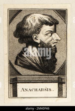 Ritratto in profilo di Anacarsi, filosofo scitiano; 6th ° secolo AC. Uomo bearded in vestito. Incisione su copperplate da un libro sconosciuto pubblicato a Parigi, Francia, 18th ° secolo. Foto Stock