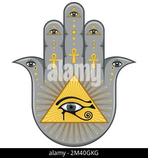 Disegno vettoriale del simbolo di HAMSA con occhio egiziano di horus, mano del simbolo di fatima Illustrazione Vettoriale
