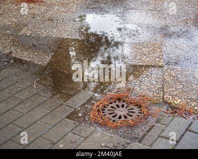 scarico allagato in una strada dopo una pioggia di tempesta Foto Stock