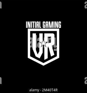 Logo di gioco iniziale VR con scudo e ispirazione per il design in stile star Illustrazione Vettoriale