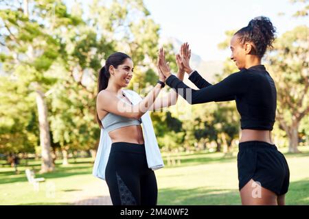 Erano in forma e orgogliosi l'uno dell'altro. due giovani donne attraenti che si danno un alto-cinque dopo la loro corsa nel parco. Foto Stock