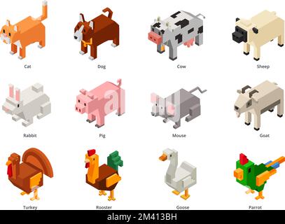 Animali domestici isometrici. Piccoli animali domestici e uccelli da fattoria. Set di vettori cartoni animati 3D di gatto quadrato, cane poligonale e coniglio voxel Illustrazione Vettoriale