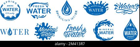 Etichetta dell'acqua. Bevanda minerale frizzante, stemma di acqua dolce con gocce di acqua e set di adesivi primavera vettoriali Illustrazione Vettoriale