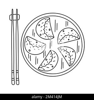 Dim Sum in stile doodle disegnato a mano. Elemento alimentare asiatico isolato su sfondo bianco. Vista dall'alto. Illustrazione Vettoriale