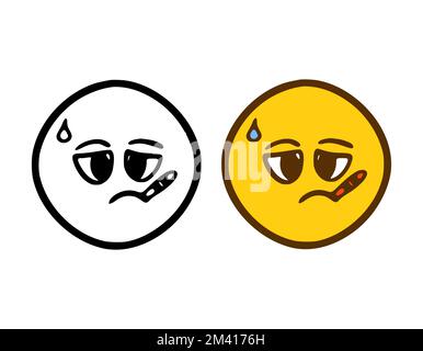 Emoticon Sick con termometro in stile doodle isolato su sfondo bianco Illustrazione Vettoriale