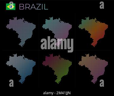 Set di mappe punteggiate per il Brasile. Mappa del Brasile in stile punteggiato. Confini del paese riempito di bei cerchi sfumati. Interessante illustrazione vettoriale Illustrazione Vettoriale