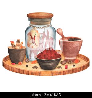 Composizione per cucina acquerello disegnata a mano con condimenti. Curcuma, paprika e allspice in vaso di vetro e ciotole e mortaio in ceramica Foto Stock