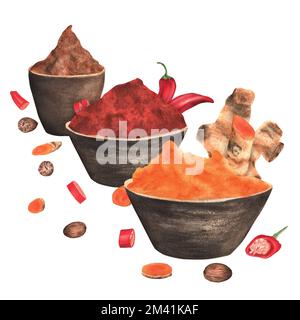 Ciotole in ceramica acquerello disegnate a mano con curcuma, paprika e noce moscata. Polvere, radici e fette di spezie Foto Stock