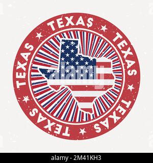 Francobollo rotondo Texas. Logo dello stato degli Stati Uniti con bandiera. Badge vintage con testo circolare e stelle, illustrazione vettoriale. Illustrazione Vettoriale
