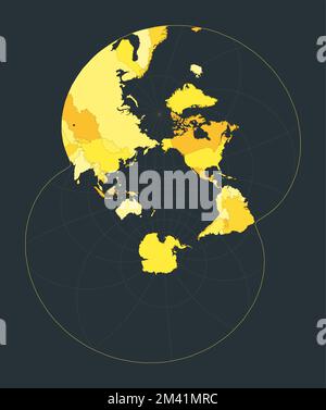 Mappa del mondo. Proiezione stereografica modificata per l'oceano Pacifico. Illustrazione futuristica del mondo per la vostra infografica. Colori di campagna giallo brillante. Illustrazione Vettoriale