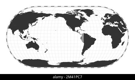 Mappa vettoriale del mondo. Proiezione di Eckert III. Mappa geografica del mondo pianeggiante con linee di latitudine e longitudine. Centrato a 120 gradi di longitudine E. Illustrazione Vettoriale