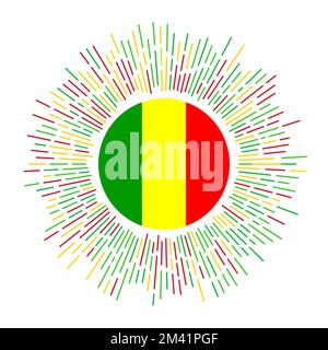 Mali segno. Bandiera di campagna con raggi colorati. Sunburst radioso con la bandiera del Mali. Illustrazione vettoriale. Illustrazione Vettoriale