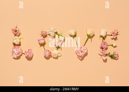 Composizione floreale. L'amore è una parola di rose bianche su uno sfondo beige pastello. vista dall'alto. Il concetto di congratulazioni, confessioni di sentimenti. Val Foto Stock