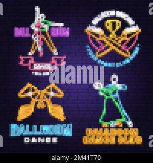 Set di Ballroom dance sport club Bright Neon Sign. Stemma al neon sportivo da ballo con spazzola per scarpe, silhouette uomo e donna. Vettore. Rumba, salsa, samba Illustrazione Vettoriale