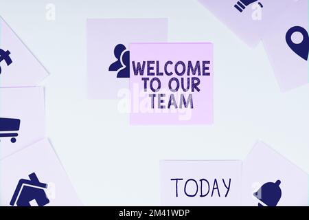 Scrittura visualizzazione testo Benvenuto nel nostro Team. Vetrina aziendale che presenta un'altra persona ai tuoi compagni di squadra Foto Stock