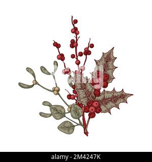 Composizione botanica di Natale con foglie d'agrifoglio e bacche e vischio. Illustrazione vettoriale nello stile di schizzo isolata su sfondo bianco Illustrazione Vettoriale