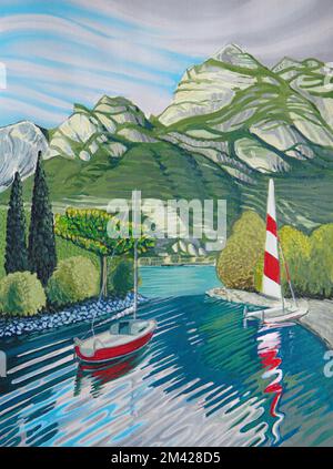 Dipinto ad olio di Riva del Garda con montagne e barche sull'acqua Foto Stock